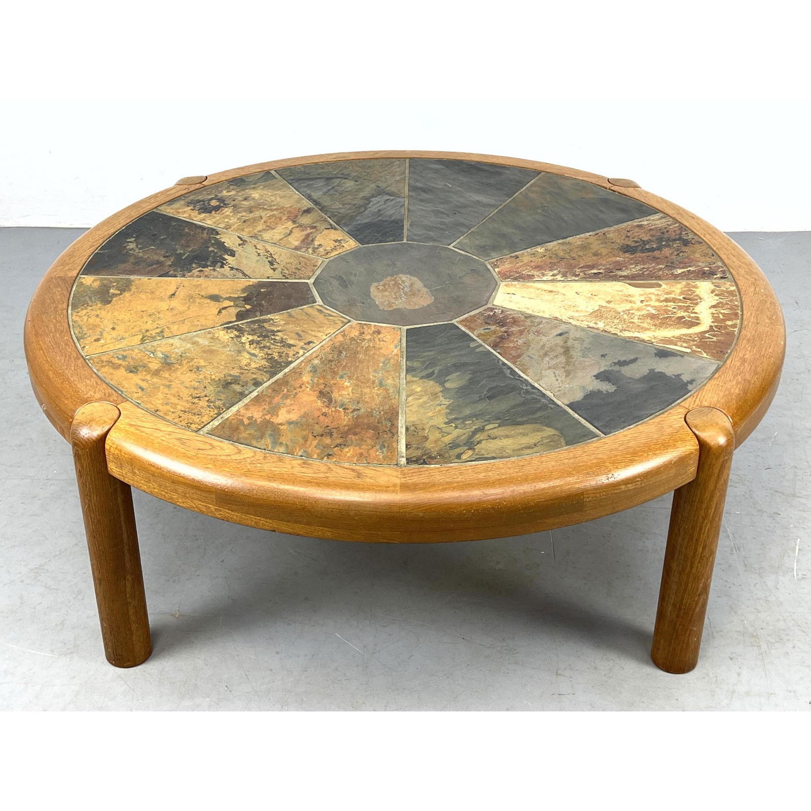 Danish Modern Teak Round Cocktail Table. Inlaid Stone Top in pie slice design. Teak Legs. (1 of 9)