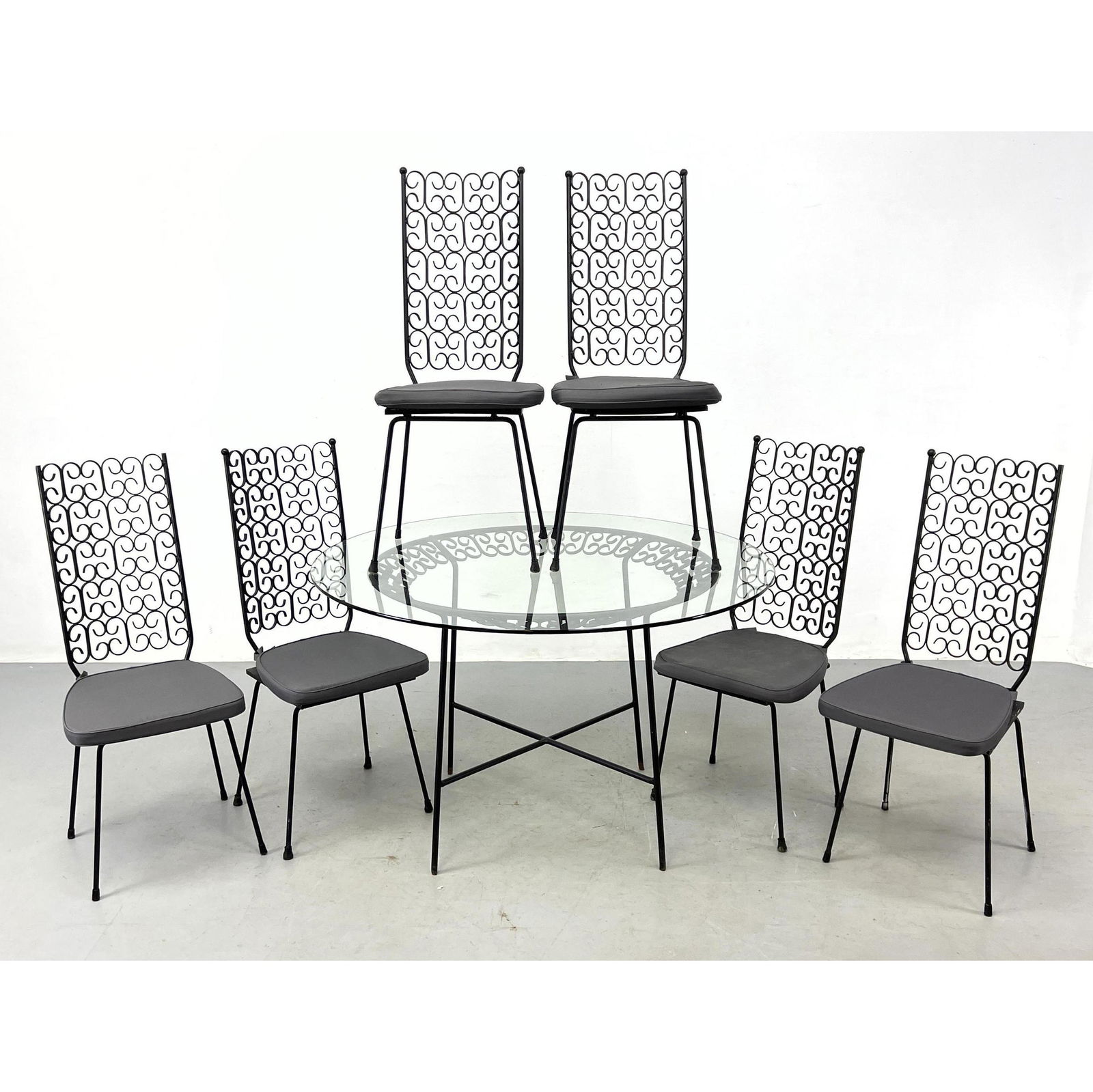 7pc SALTERINI Black Iron Dining set with 6 Chairs. Dining Table Chairs. Round Glass Top Table. Set o (1 of 12)