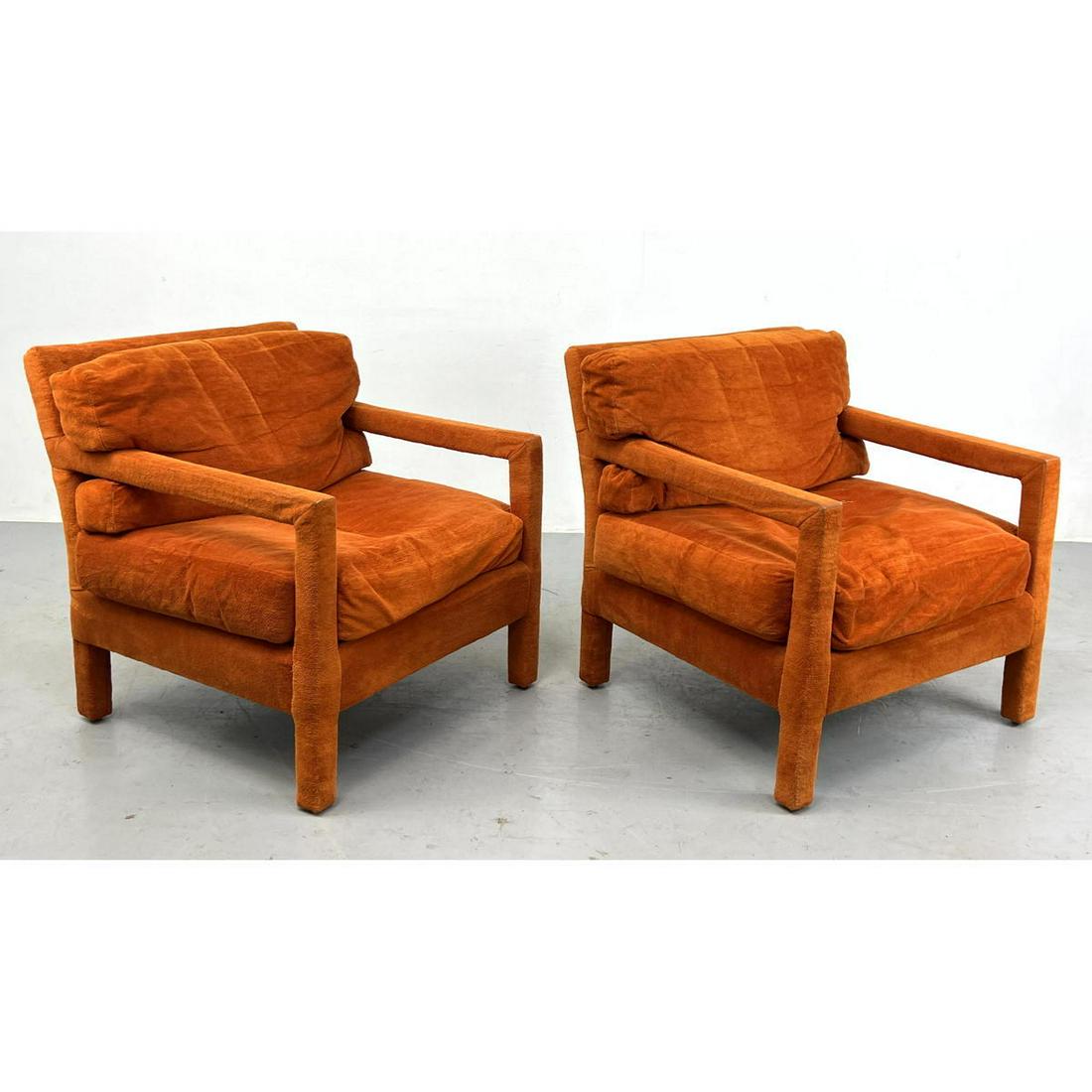 Pr Orange Open Arm Lounge Chairs. Fully upholstered in orange fabric. Baughman Style. (1 of 10)