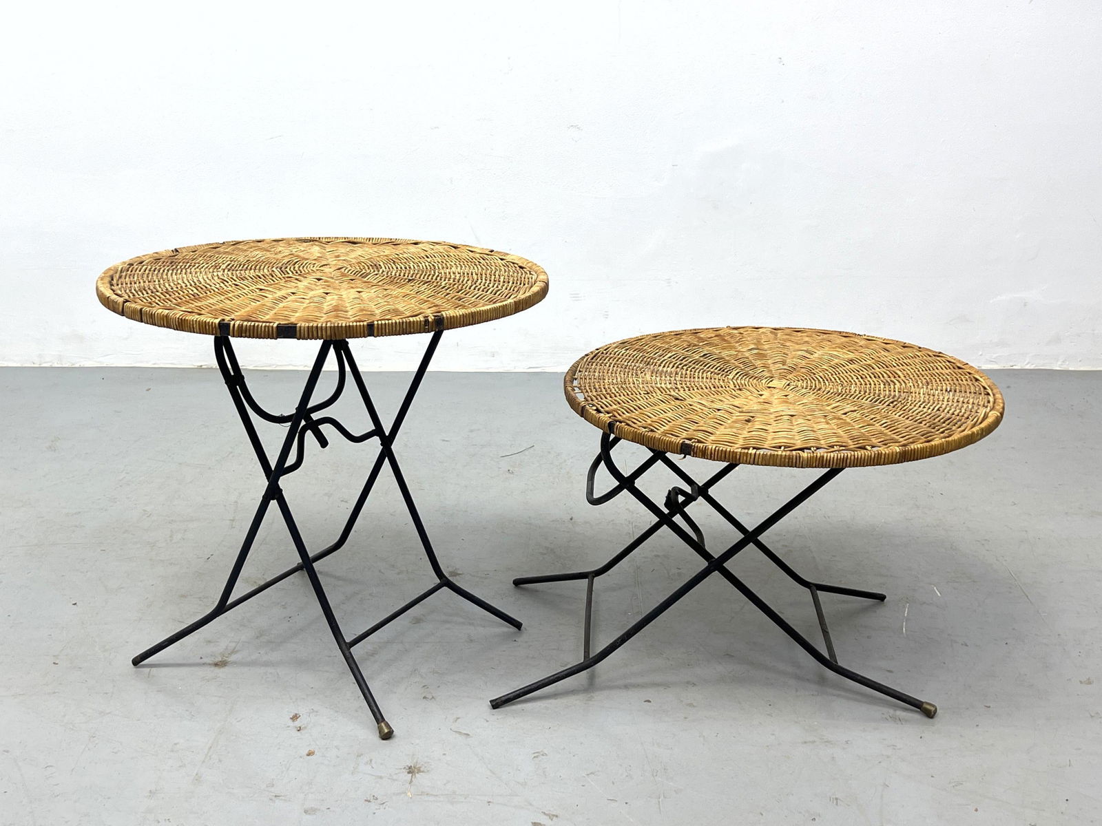 Pair Adjustable Wicker and Iron Folding Tables. Styled after Aubock. (1 of 9)