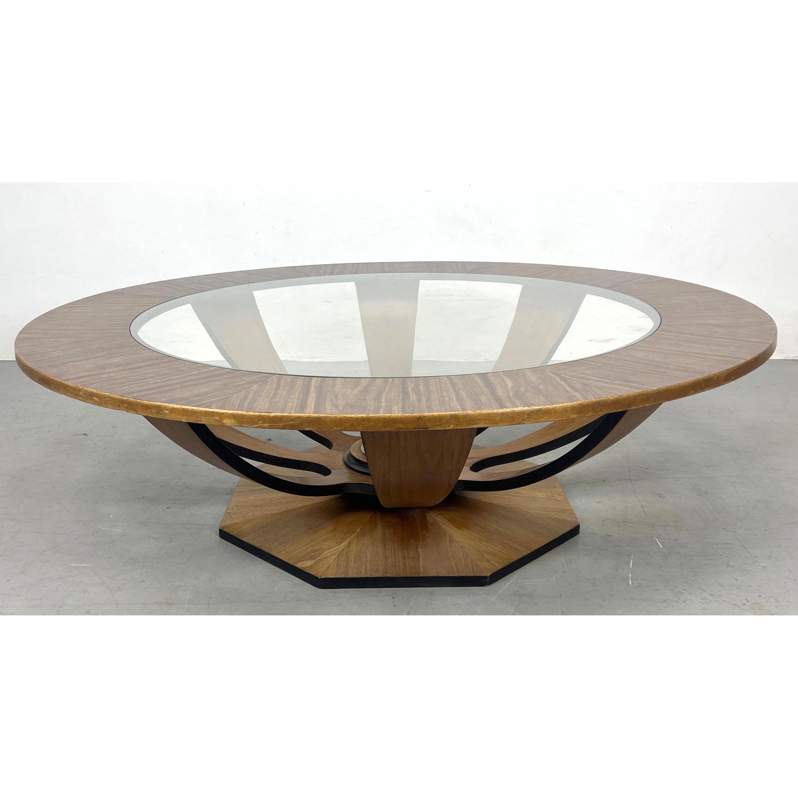 Decorator Round Coffee Table with Inset Glass. Wood base with laminate top. Asian style.: Decorator Round Coffee Table with Inset Glass. Wood base with laminate top. Asian style. Dimensions: H: 14 inches: W: 48 inches: D: 48 inches --- We offer curbside delivery to NYC, Manhattan, Close Br