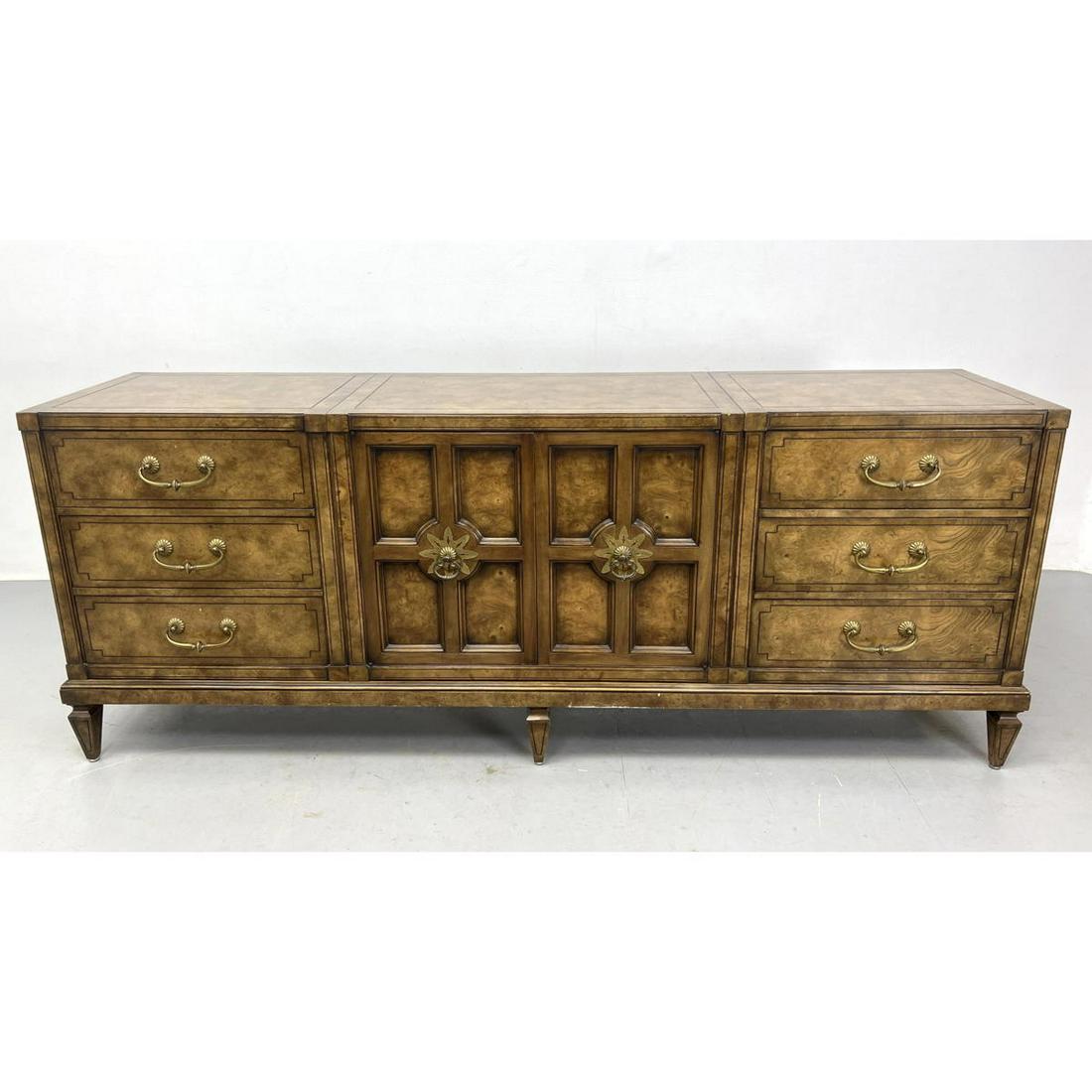 MASTERCRAFT Burl Wood Credenza Sideboard. Decorative Brass Pulls and Hardware. Marked. (1 of 7)