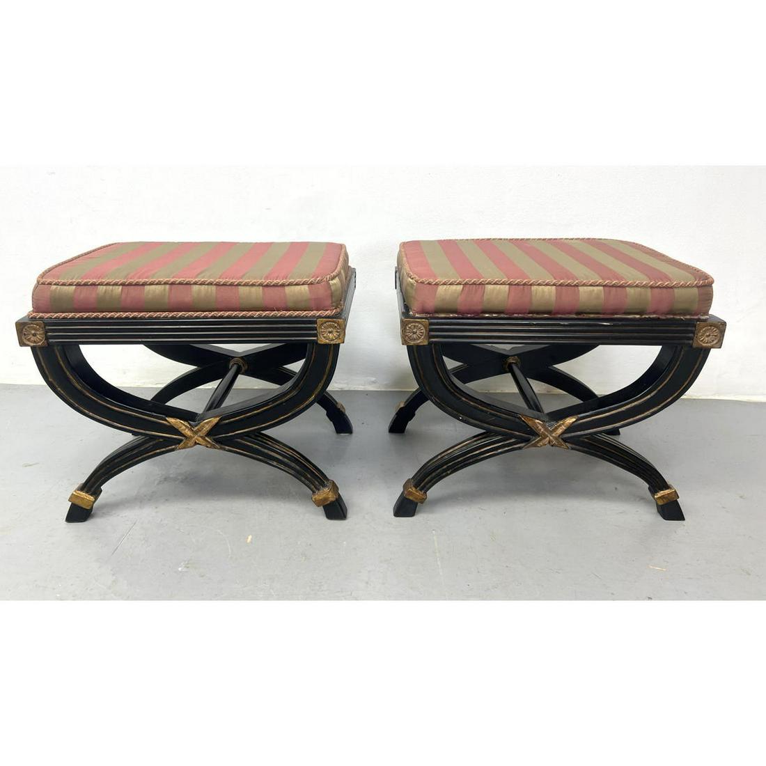Pr Decorator Regency style Benches Stools. Ebonized wood frames with gilt highlights. Striped fabric (1 of 7)