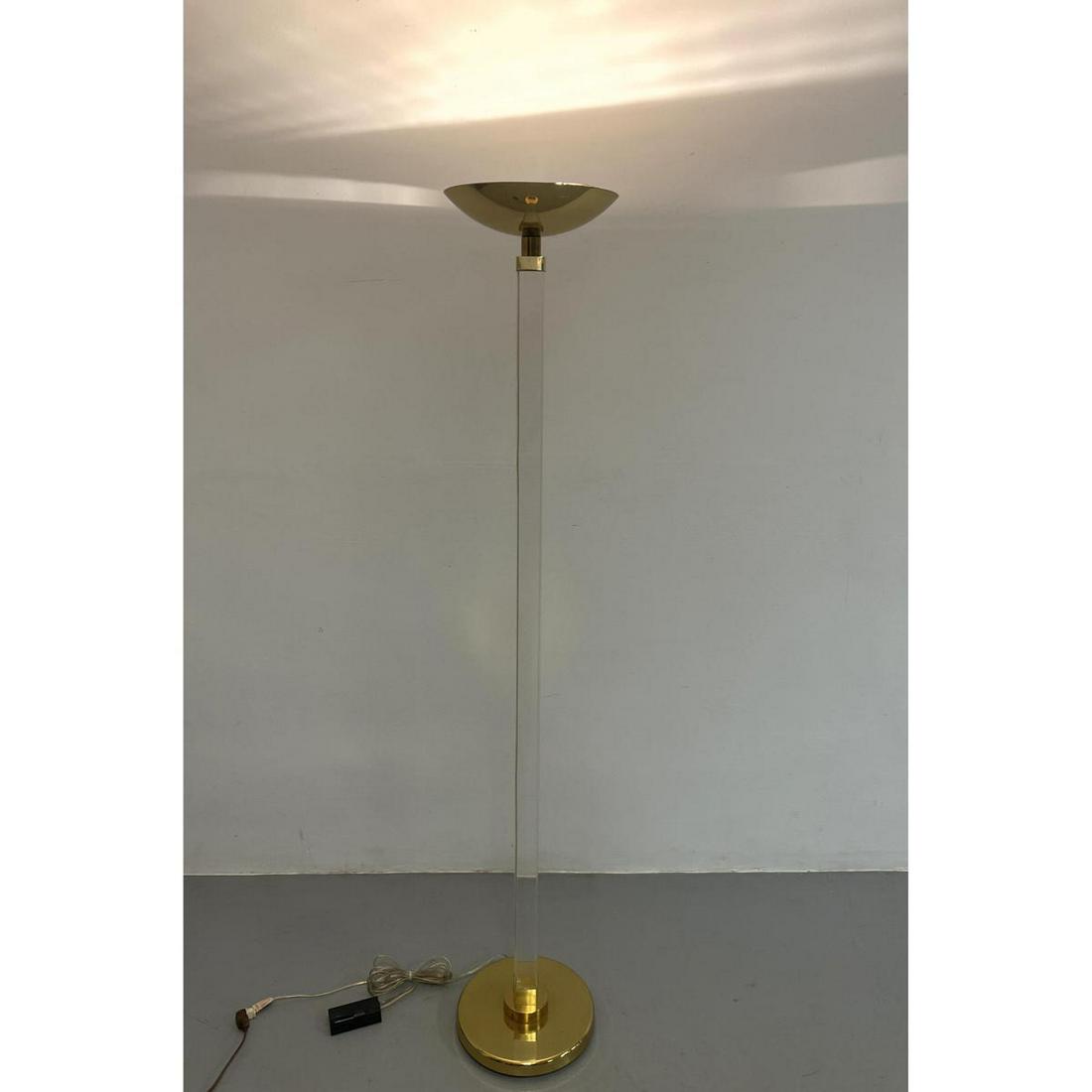 Italian Lucite and Brass Torchiere Floor Lamp. Square Lucite Stem with Brass Torch Shade and Trim. (1 of 5)