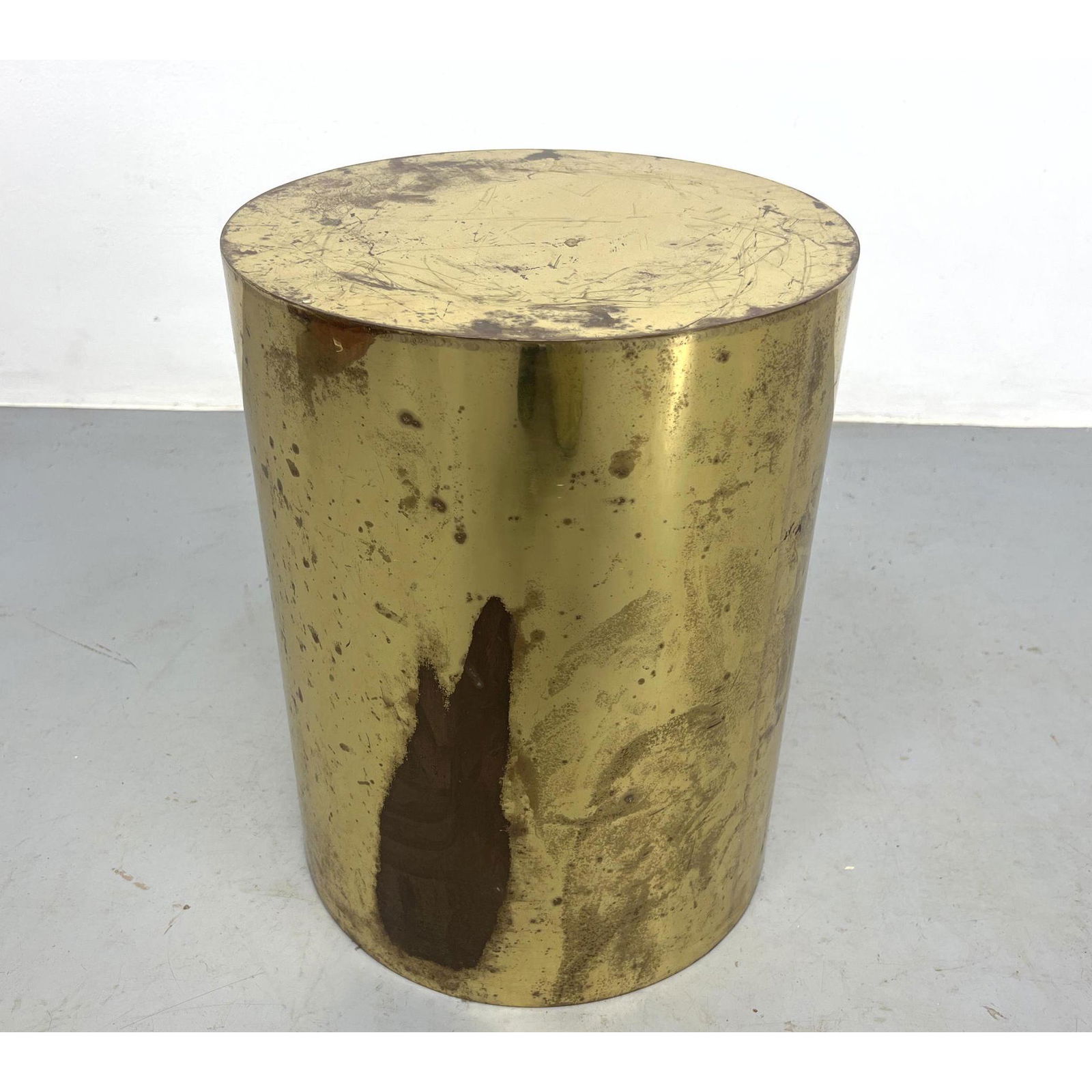 Brass Drum Cylinder Side Table Display Pedestal. Paul Mayan Style. (1 of 4)