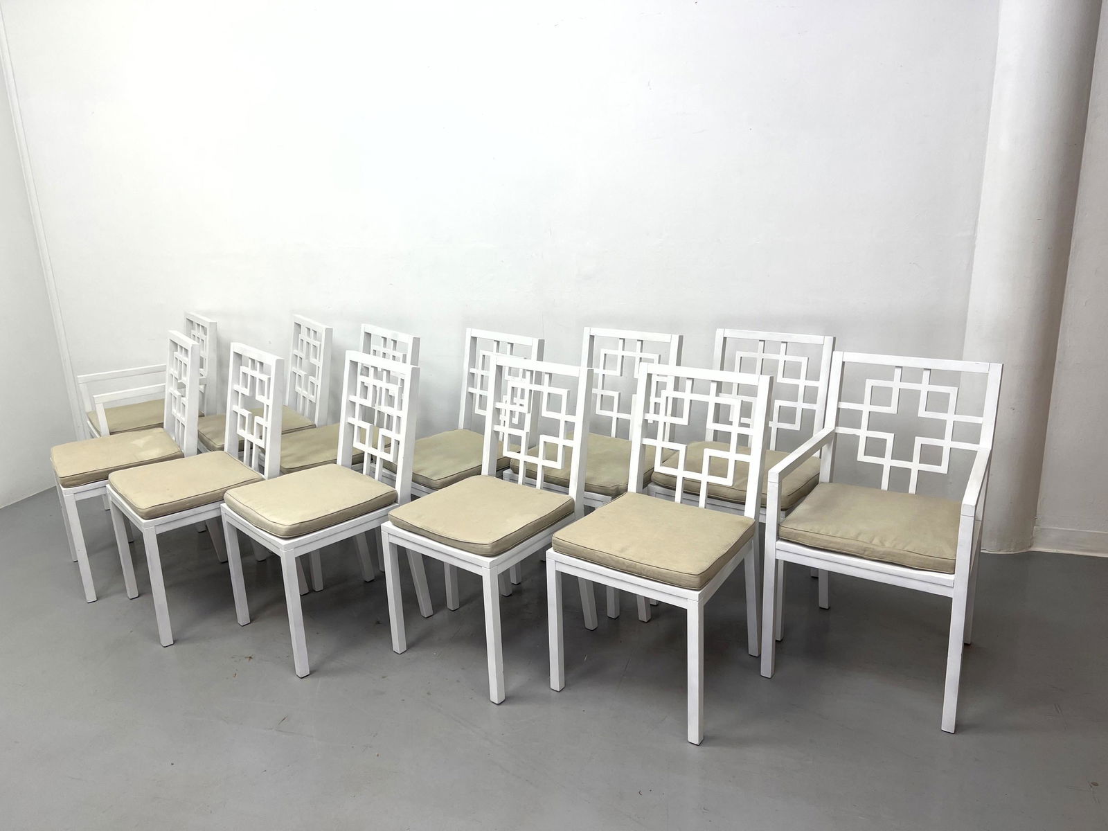 Set 12 Lattice Back White Painted Chairs. 2 Arm and 10 Side Chairs. Fabric Seat Cushions. (1 of 10)