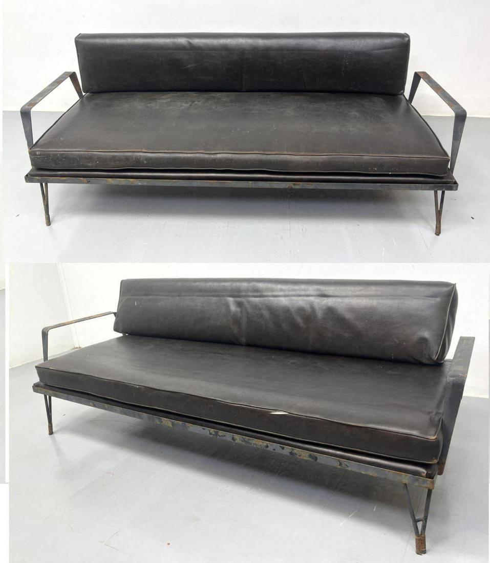 2 Wrought Iron Mid Century Modern Outdoor Patio Sofas . Black Vinyl Upholstery. (1 of 14)