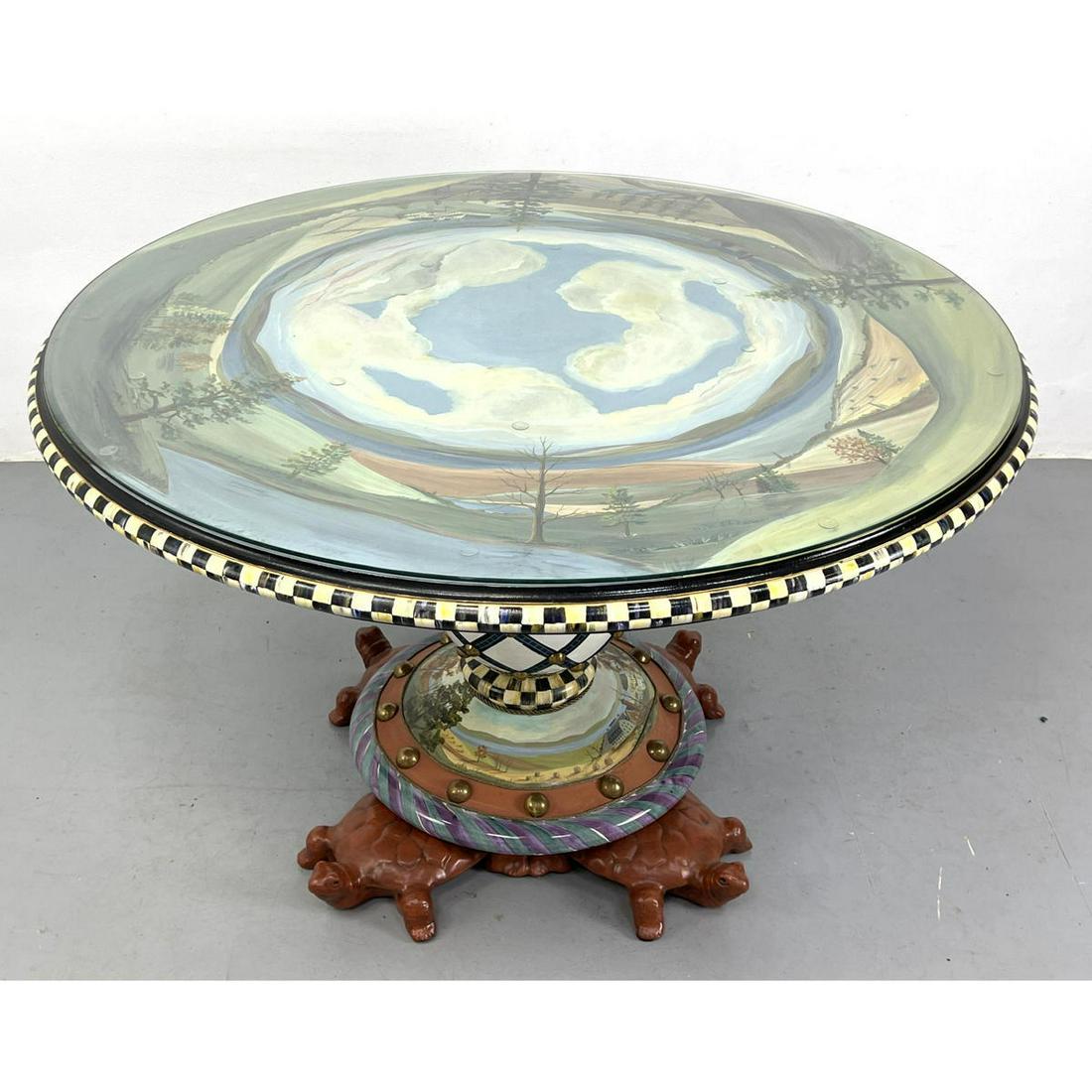 Rare Mackenzie Childs Hand Painted Turtle Table. Hand Painted Scenic Table Top. Brass Tag. Dated Jan (1 of 16)