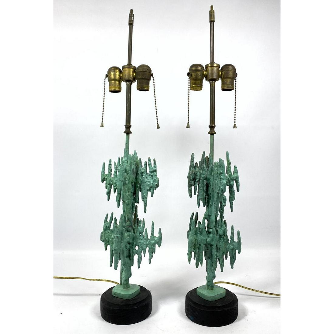 Pr Brutalist Bronze Modernist Table Lamps. Green Paint Finish on stalactite, stalagmite metal forms. (1 of 11)