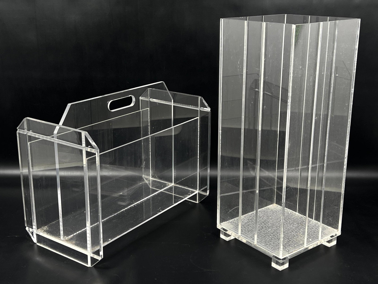 2pc Clear Lucite Modernist Items. Square Column Umbrella Stand. Handled Magazine Record Rack. (1 of 9)