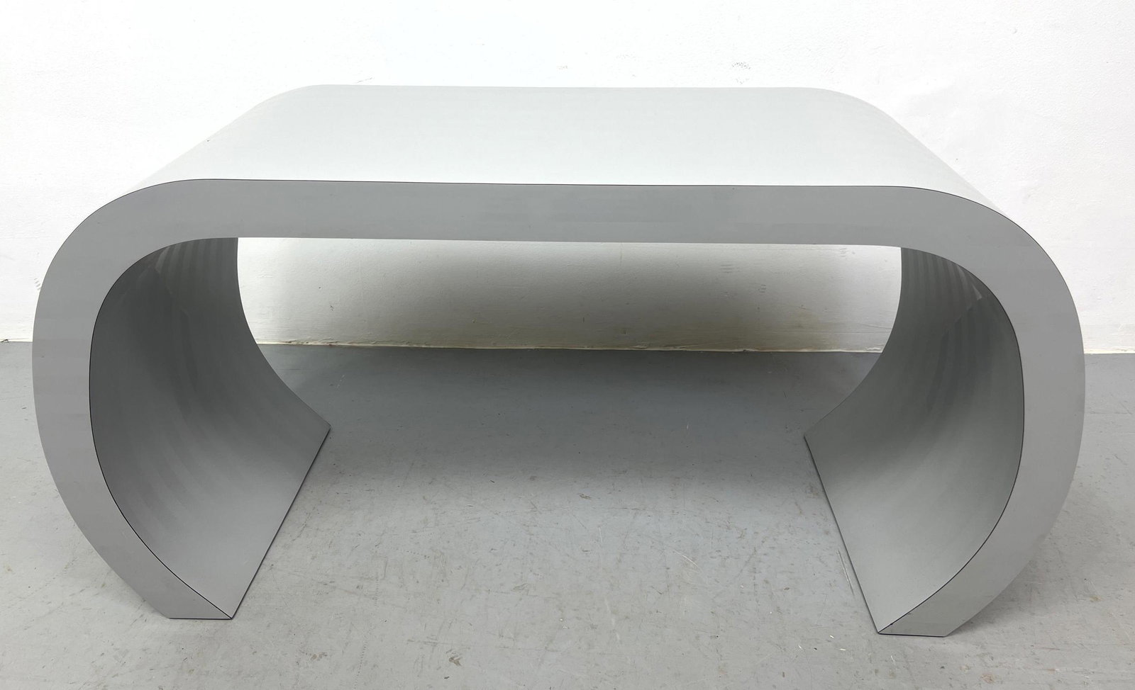 Striped Tone on Tone Laminate Hall Console Table. Rolled Sides. Modernist form (1 of 6)