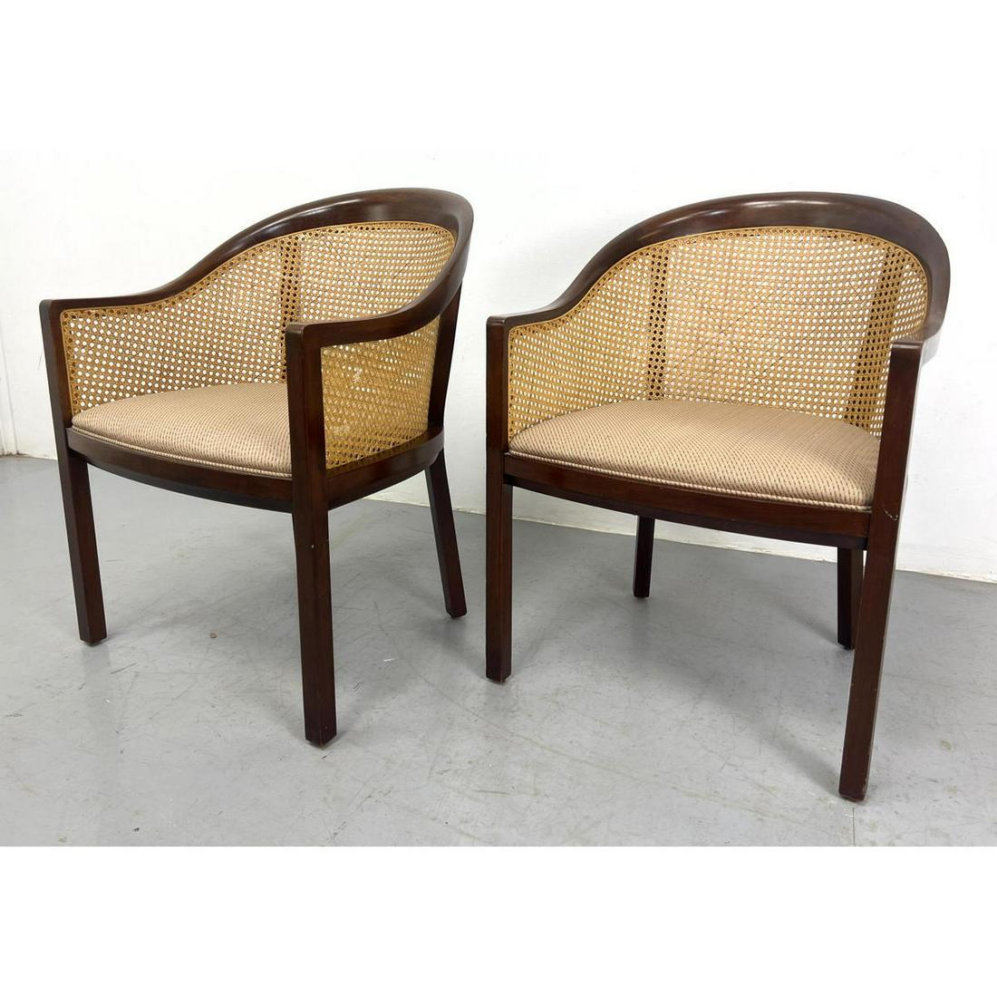 Pr WARD BENNETT Designs for BRICKELL Caned Chairs. Wood Frame with Caned Barrel Back Chairs. Brickel: Pr WARD BENNETT Designs for BRICKELL Caned Chairs. Wood Frame with Caned Barrel Back Chairs. Brickell Assoc label. Dimensions: H: 33 inches: W: 24 inches: D: 23 inches - Seat Height: 18 inches --- We