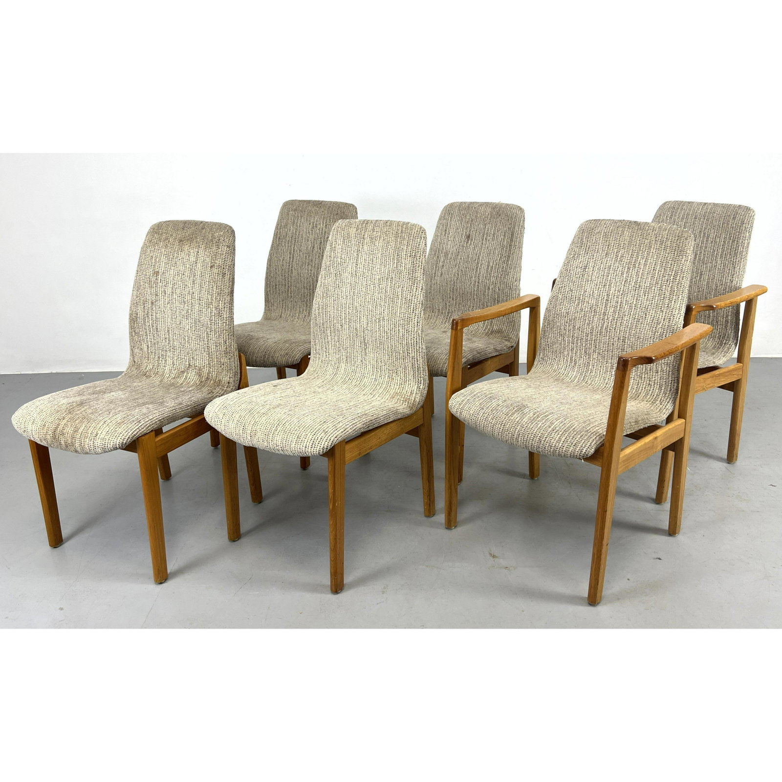 Set 6 curved seat teak dining chairs two arm and 4 side chairs: Set 6 curved seat teak dining chairs two arm and 4 side chairs Dimensions: H: 36 inches: W: 23.5 inches: D: 22 inches: Frame Height: 601997 inches: Frame Width: 601997 inches --- We offer curbside del