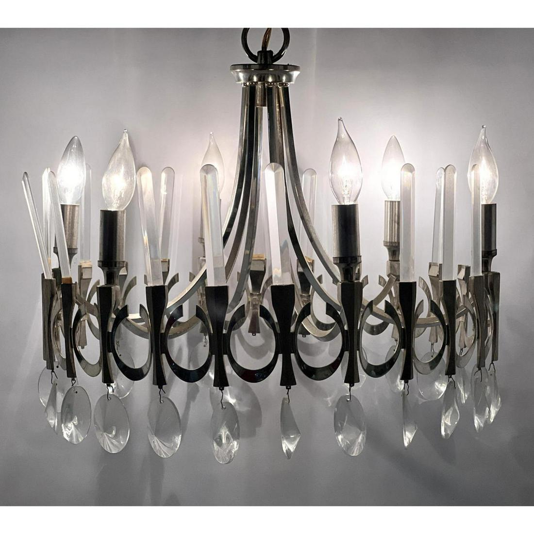 GAETANO SCIOLARI Modernist Chandelier. Silvered Metal Frame with Clear Crystal Disc Prisms. (1 of 9)
