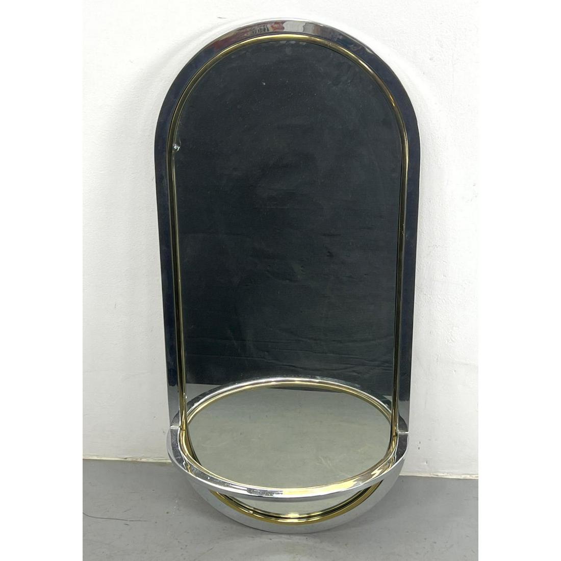 Chrome Brass Frame Arched Top Wall Mirror with Small Shelf. DESIGN INSTITUTE OF AMERICA Attributed. (1 of 6)