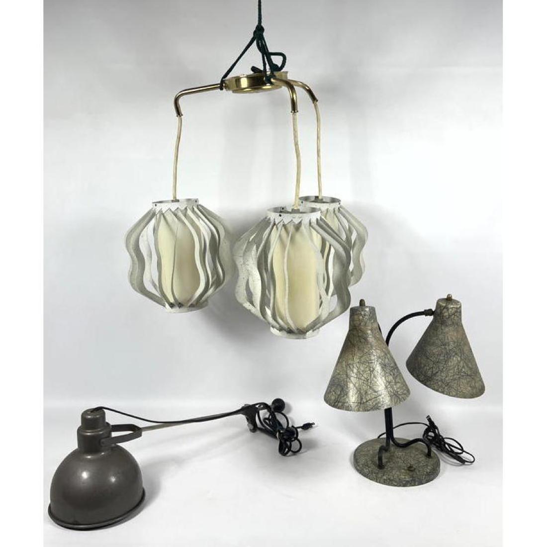 Collection 3pc Modernist Lighting. Lamps, Chandelier. Chandelier has three hanging pendants with whi (1 of 18)