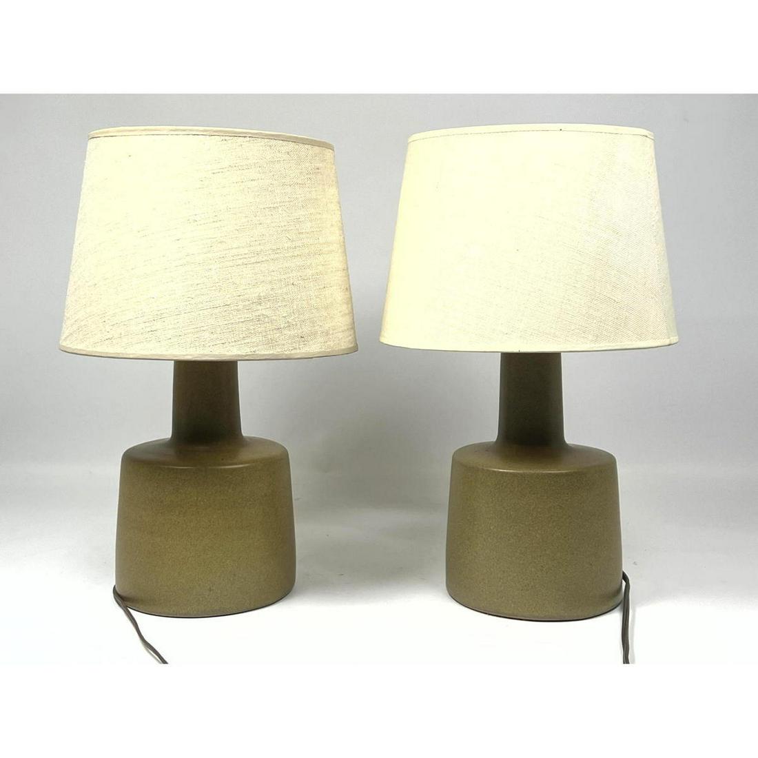 Pr MARTZ for MARSAHLL STUDIOS Pottery Lamps. Clean Modernist Minimalist Lines. Mottled olive glaze. (1 of 11)
