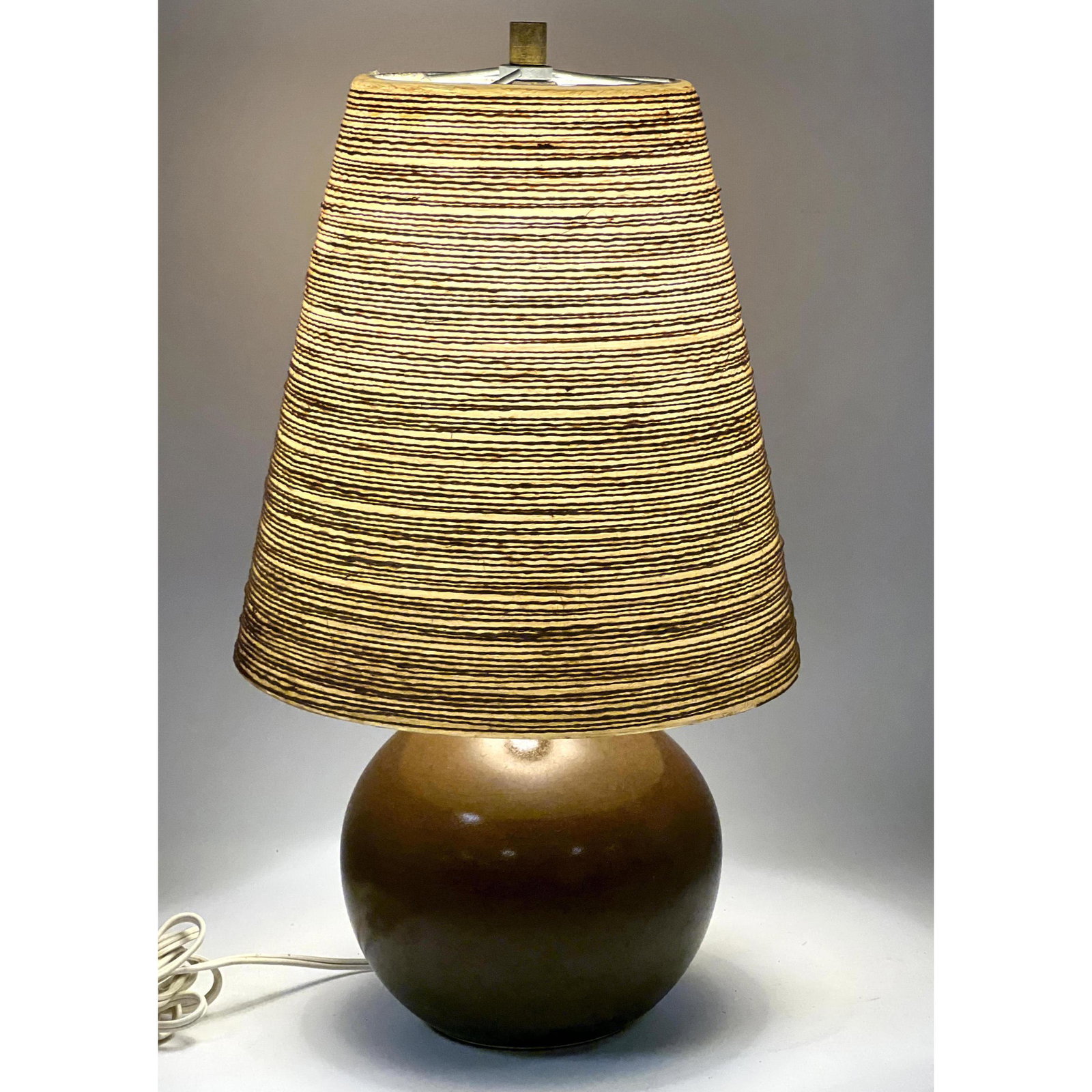 Mid Century Modern LOTTE BOSTLUND Brown Glaze Ceramic Lamp. Original Shade. Paper label.: Mid Century Modern LOTTE BOSTLUND Brown Glaze Ceramic Lamp. Original Shade. Paper label. Dimensions: H: 17 inches: W: 9.5 inches: D: 9.5 inches --- We offer curbside delivery to NYC, Manhattan, Close 