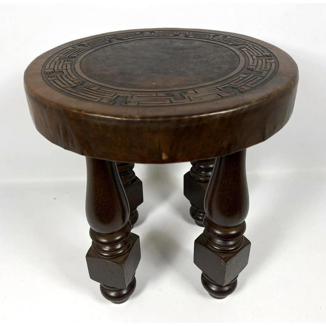 Spanish Tooled Leather stool. Turned legs. (1 of 8)