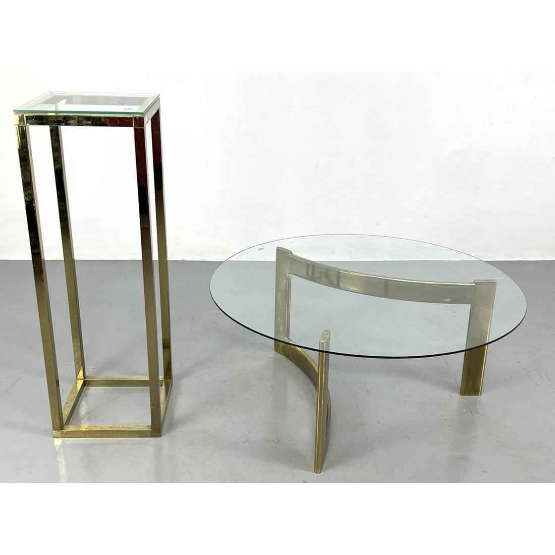 2pcs Brass Tables. DIA style pedestal and Brass curved coffee table. Design Institute of America. P: 2pcs Brass Tables. DIA style pedestal and Brass curved coffee table. Design Institute of America. Pedestal dims 36.5 x 12 x 12 Dimensions: H: 16 inches: W: 36 inches: D: 36 inches --- We offer curbsid