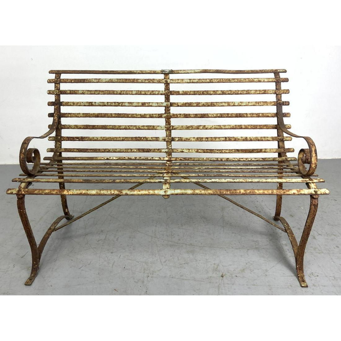 Vintage Iron Garden Outdoor Bench. Slat form with Rolled Scroll Arms. Patio. (1 of 13)