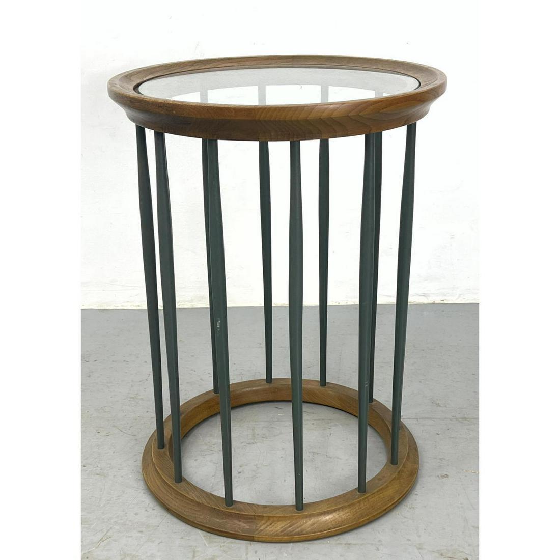 Drexel Tall Glass Top Lamp Table Wood and wood Rod Side End Table. Recessed Glass Top. (1 of 10)
