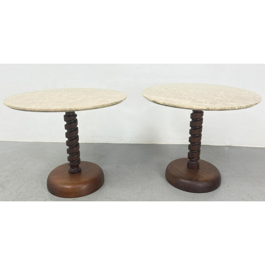 Pr of Wood Artisan Round Marble Top Side Tables. Carved Wood Corkscrew Pedestal Bases. (1 of 11)