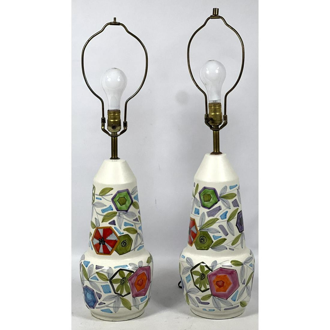 Pr Italian Hand Painted Glazed Pottery Table Lamps.  Floral Decoration. (1 of 12)