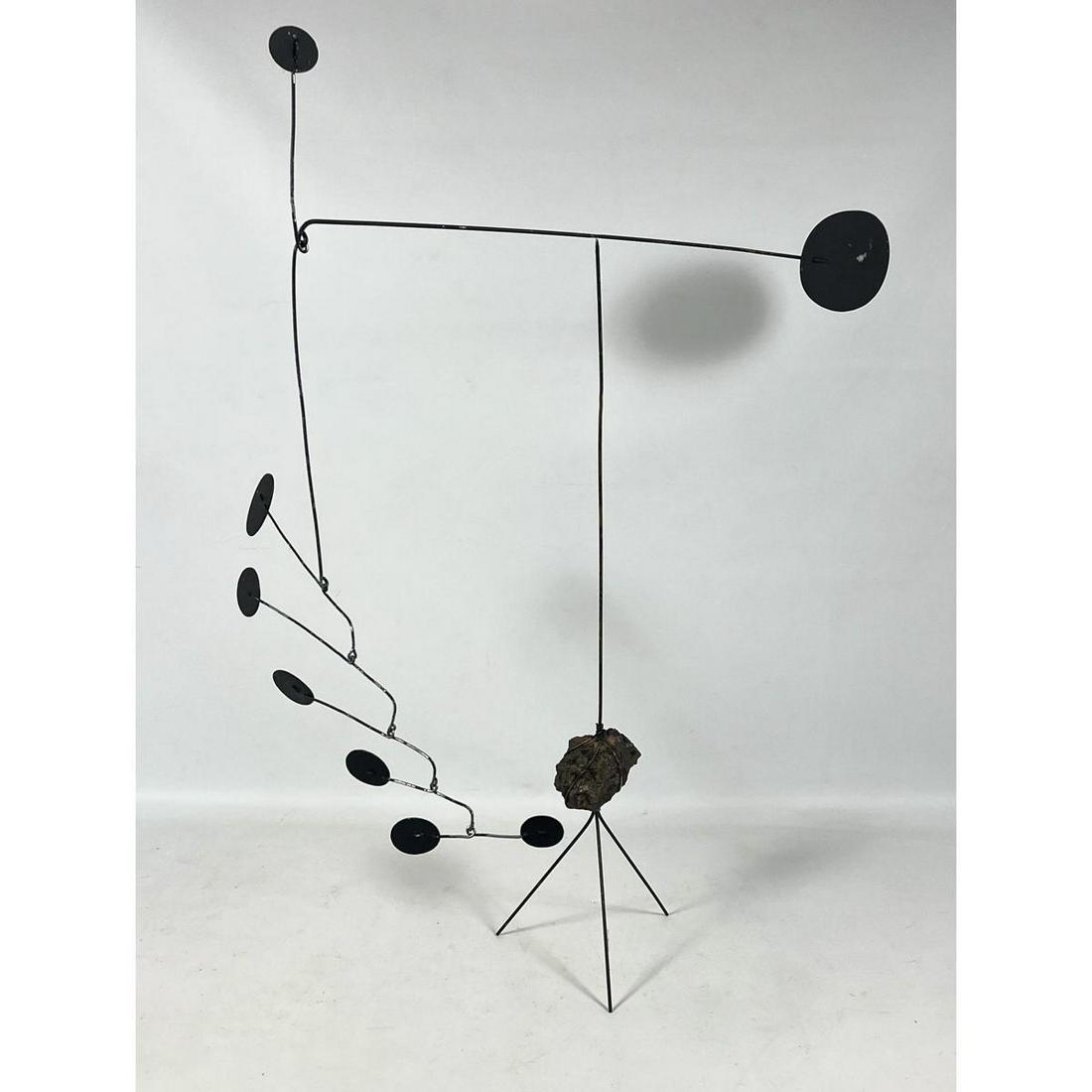 Kinetic Metal Standing Mobile Sculpture. Tripod base with real rock element. Metal painted black. (1 of 13)