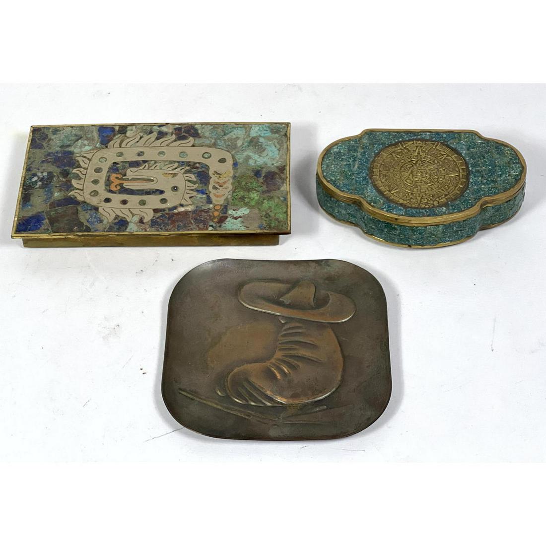 3pcs Mid Century Modern Metalware. 2 Mexican Inlaid Boxes. and Rebajes Copper Dish. Castillo style d (1 of 16)