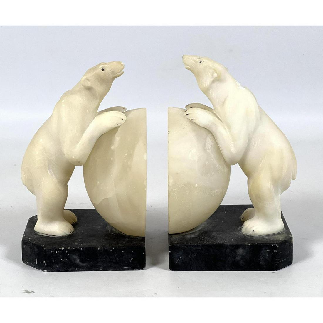 Pr Carved Alabaster Polar Bear Figural Bookends. (1 of 9)