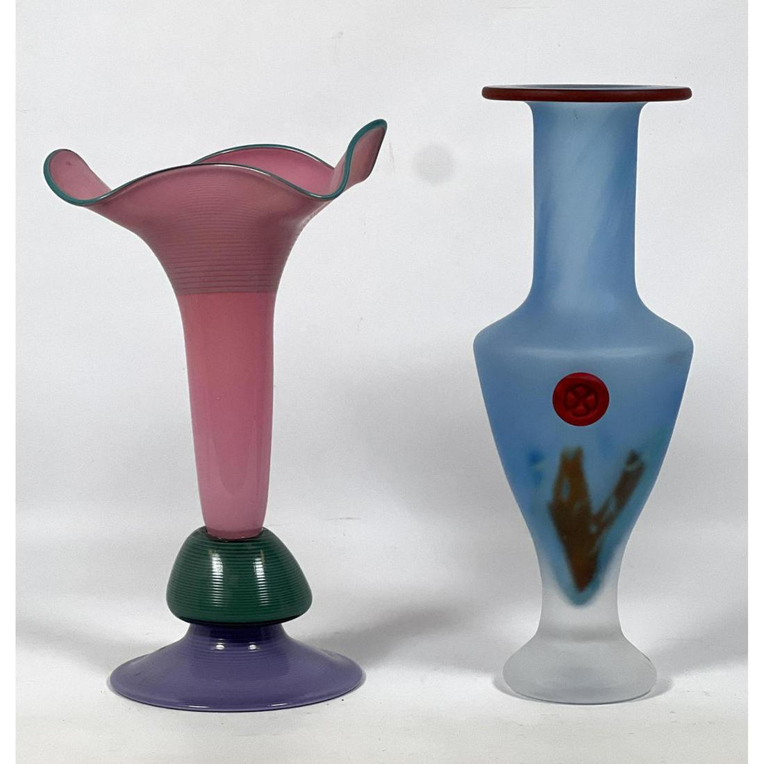 2pc Modernist Studio Artisan Art Glass Vases. Each artist signed illegibly. (1 of 13)