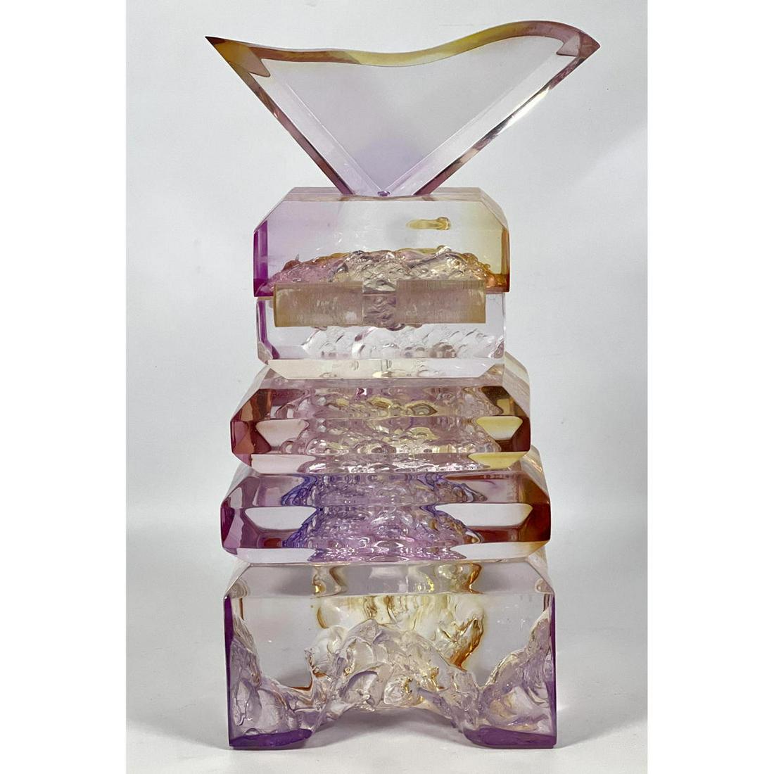 Signed ALICIA Crackled Lucite Modernist Sculpture. Clear stacked form with purple and gold accents. (1 of 10)