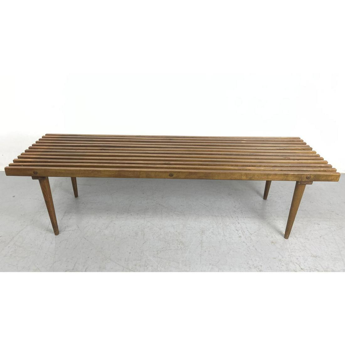 Long Modernist Slat Bench. Tapered Peg Legs. (1 of 11)