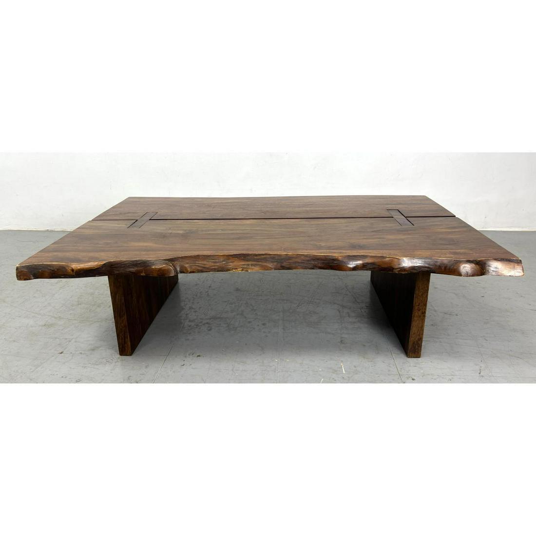 WEST ELM Live Edge Low Coffee Table. Two Wood slabs with wood strap joints. Label. (1 of 14)