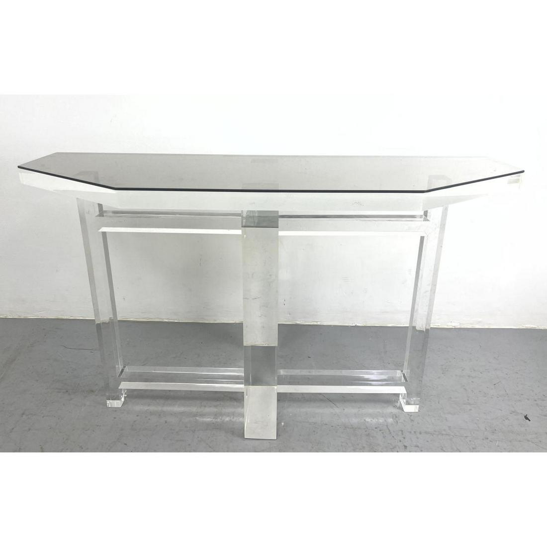 Modernist Lucite and Glass Top Hall Console Table. Thick Lucite base. (1 of 8)