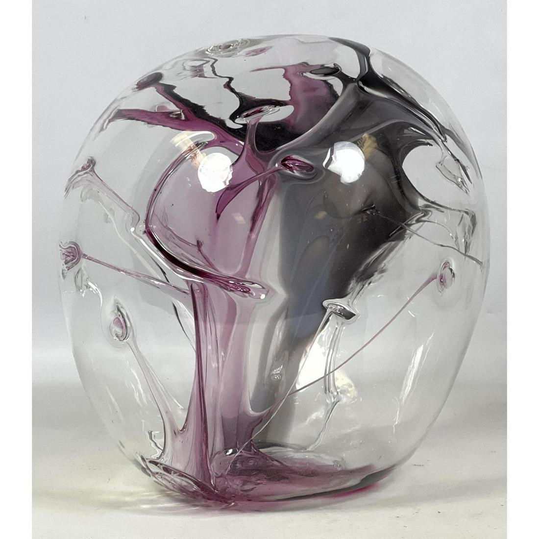 11" PETER BRAMHALL Studio Art Glass Sculpture. Blown Glass Bubble Sphere with Colored elements. Bram: 11" PETER BRAMHALL Studio Art Glass Sculpture. Blown Glass Bubble Sphere with Colored elements. Bramhall, (USA, b. 1942)Signed Peter Bramhall 1985. Dimensions: H: 11 inches: W: 9.5 inches: D: 9.5 inch