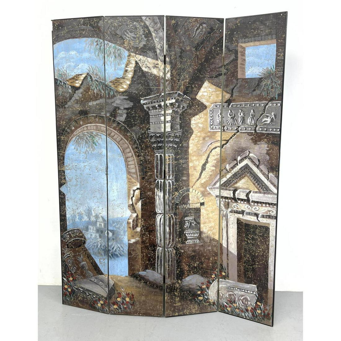 4 Panel Room Divider Dressing Screen. Painted classical ruins. Some intention distressing. (1 of 11)