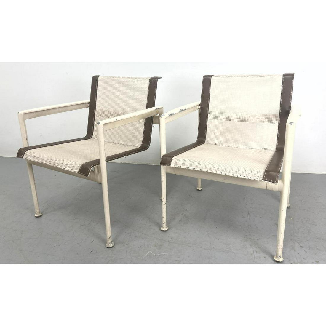 Pr RICHARD SCHULTZ Outdoor Lounge Chairs. Webbed Mesh Seats on Cream Tone Metal Frames. Garden. Pati (1 of 10)