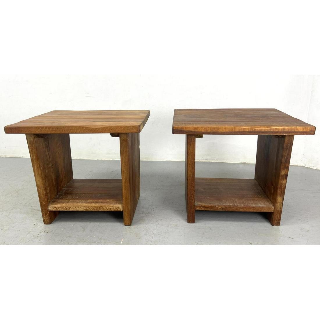 Pr Mexican Wood Side Tables. Open Storage Area. Marked. Thick wood. (1 of 14)