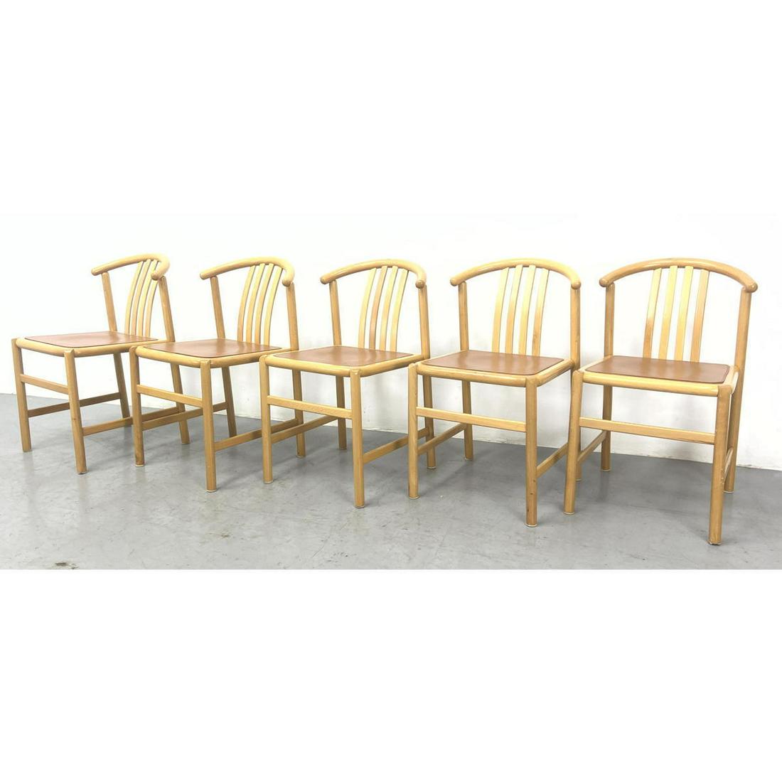 Set 5 Italian Modern Dining Chairs. Bowed Back with Three Flat Slats. Stitched Trim Leather Seats. P (1 of 11)