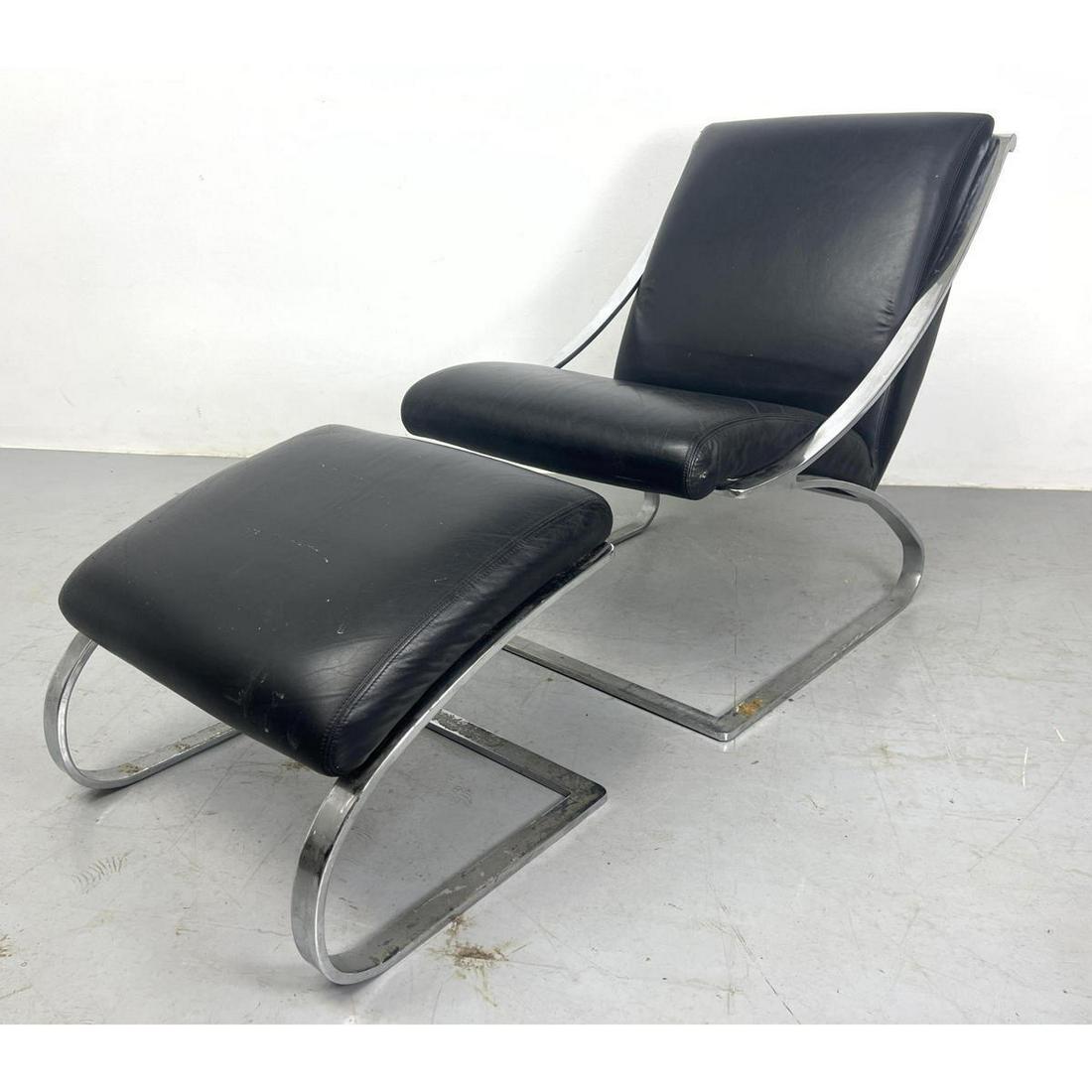 Ward Bennet style Chrome and Black Leather Canteliver Lounge Chair and Ottoman Marked Made in Argent (1 of 13)