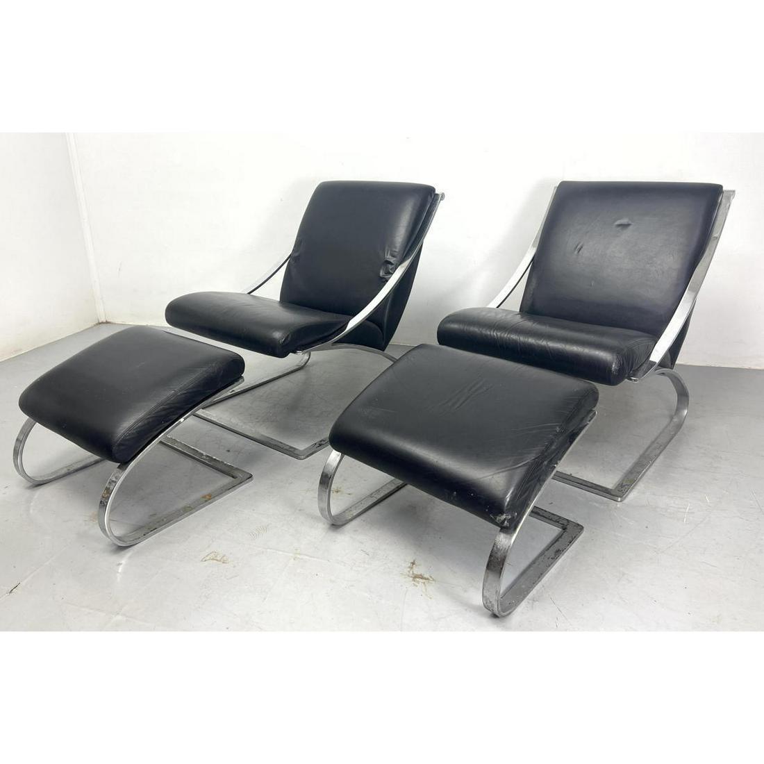 Pair Ward Bennet style Chrome and Black Leather Canteliver Lounge Chair and Ottoman Marked Made in A (1 of 16)