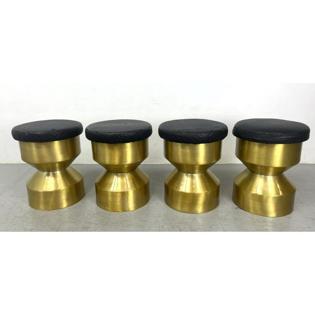 Set 4 Stylish Brass Corseted Form Stools. Quilted black vinyl cushion seats. Industrial inspired. (1 of 9)