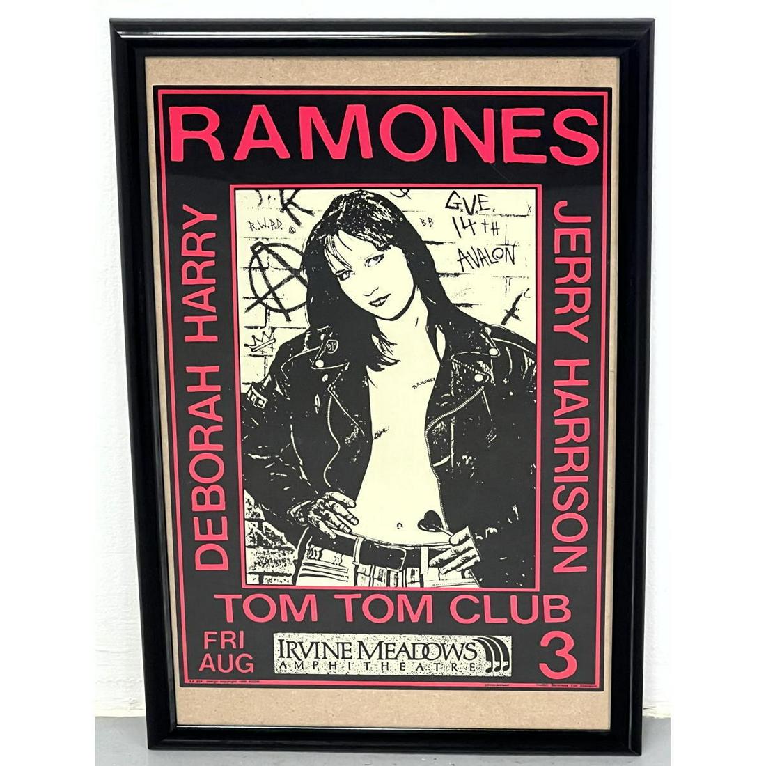 Club Concert Poster. RAMONES, DEBBY HARRY, TOM TOM CLUB, JERRY HARRISON. Irvine Meadows Amphitheater: Club Concert Poster. RAMONES, DEBBY HARRY, TOM TOM CLUB, JERRY HARRISON. Irvine Meadows Amphitheater. possible reprint. Dimensions: H: 19 inches: W: 12.5 inches: Frame Height: 23 inches: Frame Width: 