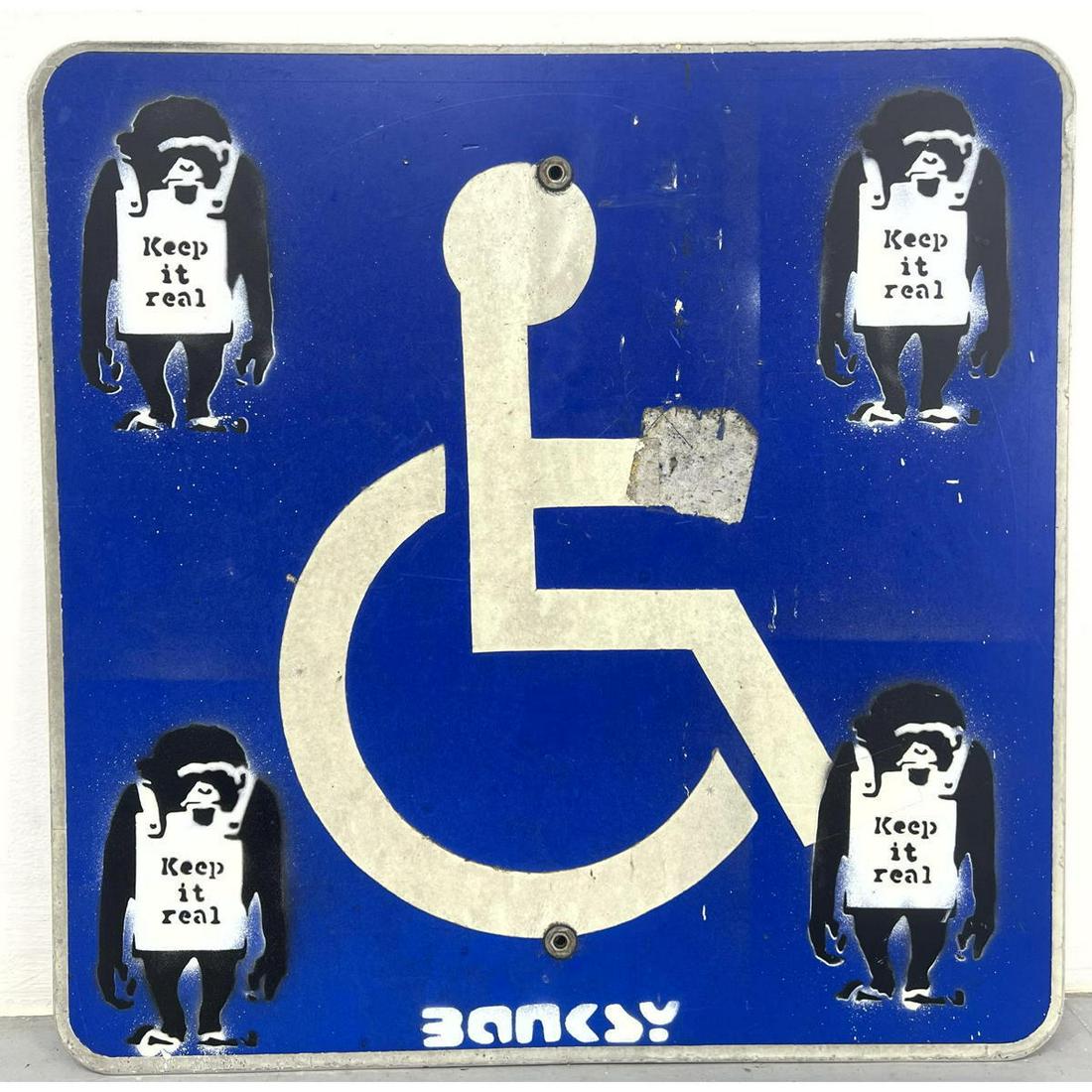 Graffiti Art Handicapped Disabled Street Sign. Airbrushed Monkeys: "Keep it Real": Graffiti Art Handicapped Disabled Street Sign. Airbrushed Monkeys: "Keep it Real" Dimensions: H: 24 inches: W: 24 inches --- We offer curbside delivery to NYC, Manhattan, Close Brooklyn, Hoboken about