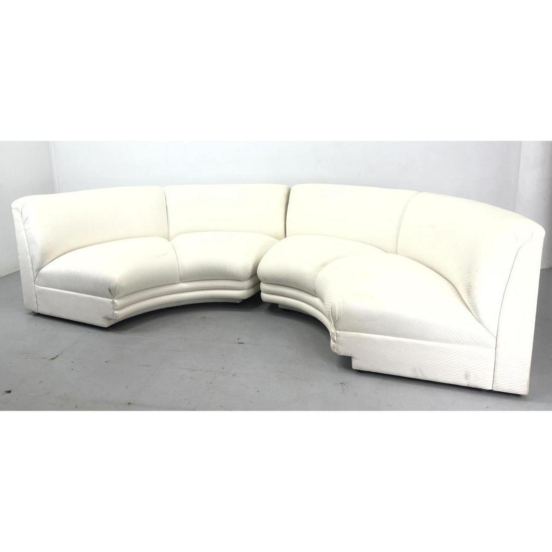 2 Part Curved Modernist Sectional Sofa. Two 1/4 Round Pieces. Off White Upholstery. (1 of 11)