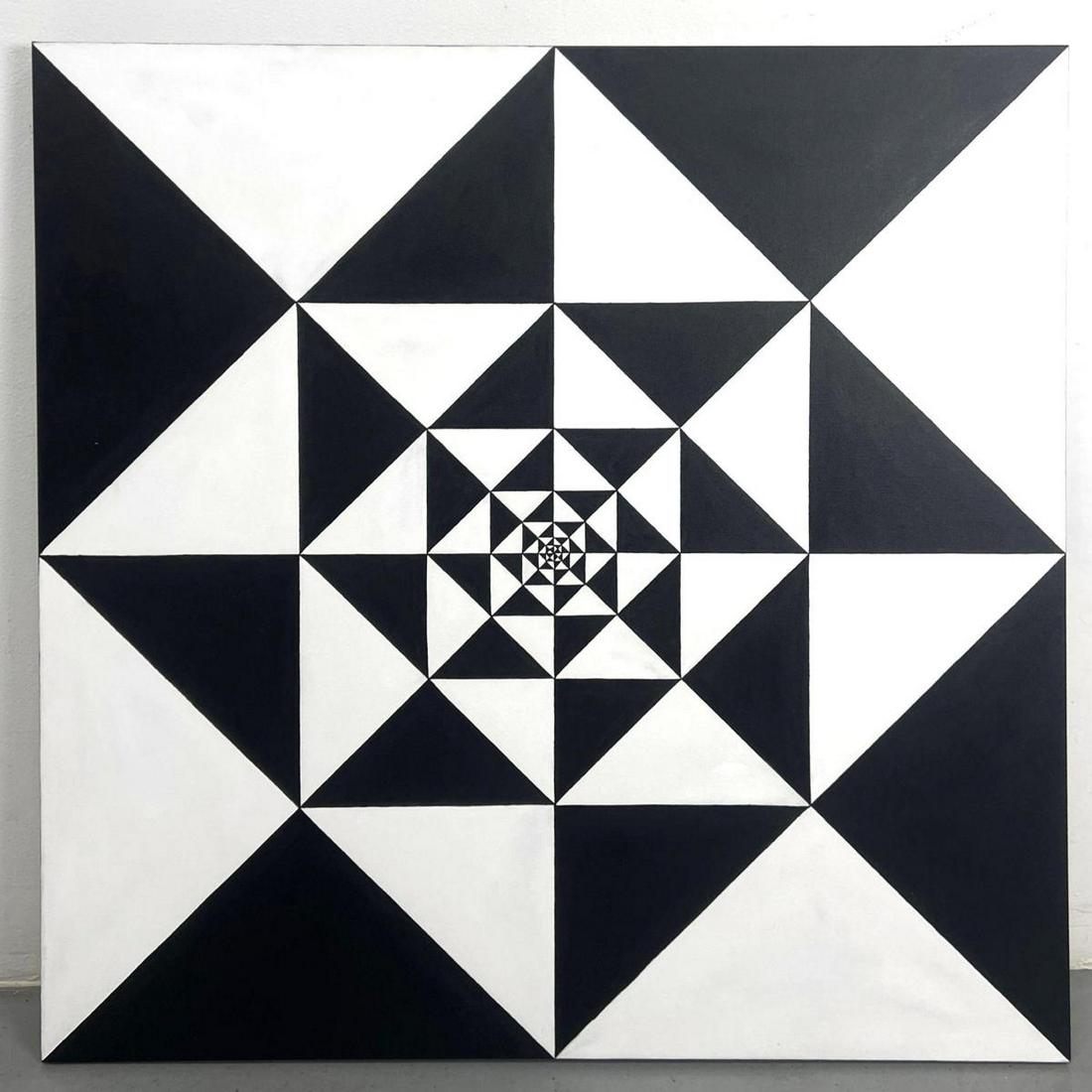 TIM RAY FISHER Black and White Modernist OP ART Painting. Pinwheel Triangular forms On Canvas. Signe (1 of 9)