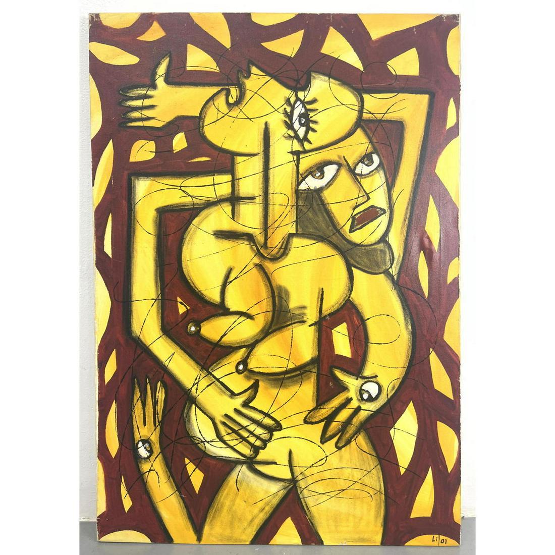 Modernist Figural Painting. Yellow and Burgundy Palette. Signed illegibly. (1 of 9)