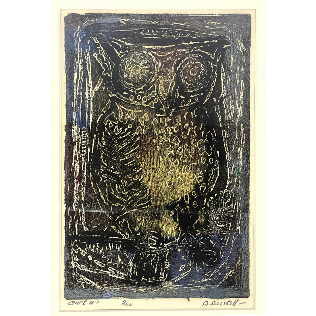 DAVID C DRISKELL "Owl #1" Print. Sugar Lift Etching. Signed. Artist's label on reverse. #2/10. (1 of 9)